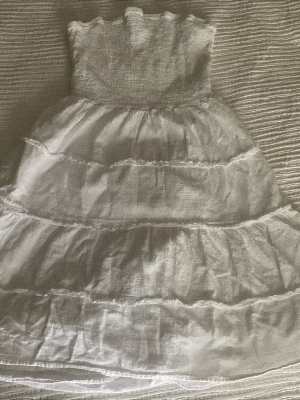 White Strapless Tiered Mini Dress with Smocked Bodice